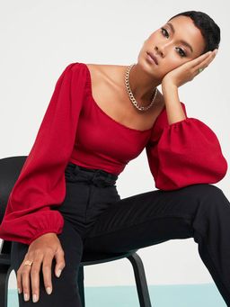 Styli - Maroon Balloon Sleeves Wide Square Neck Fitted Blouse