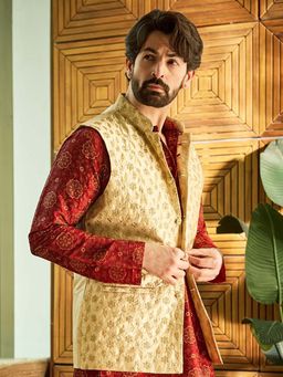 SOJANYA - Mens Silk Blend Beige & Gold Embroidered Nehru Jacket