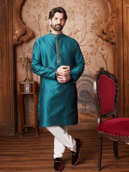 SOJANYA - Men Silk Blend Teal Green Kurta And Off White Churidar Pyjama (Set of 2)