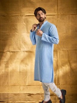 SOJANYA - Men Cotton Blend Blue Kurta & White Churidar Pyjama (Set of 2)