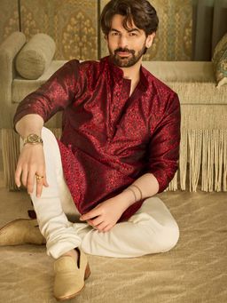 SOJANYA - Silk Blend Maroon Kurta And Off White Churidar Pyjama (Set of 2)