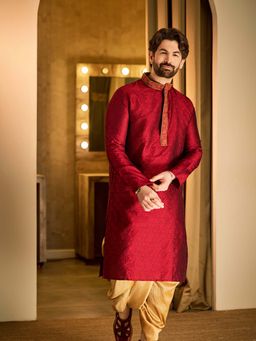 SOJANYA - Silk Maroon Kurta And Gold Dhoti (Set of 2)