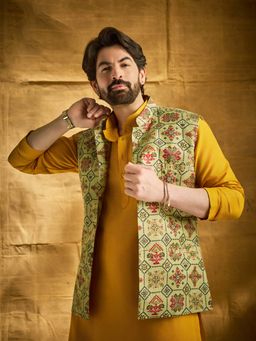 SOJANYA - Men Cotton Linen Pista Green Printed Nehru Jacket