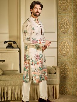 SOJANYA - (Since 1958) Men's Cotton Crochet Daman Print Cream Kurta With Pyjama (Set of 2)