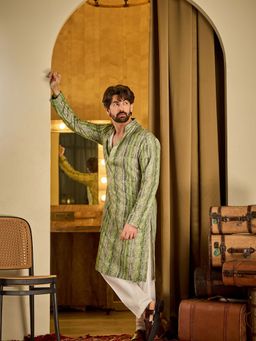SOJANYA - (Since 1958) Men's Cotton Silk Green Print Kurta With Pyjama (Set of 2)