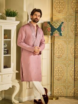 SOJANYA - (Since 1958) Men's Cotton Silk Neck Embroidered Lavender Kurta With Pyjama (Set of 2)