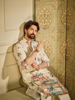 SOJANYA - (Since 1958) Men's Cotton Krochet Daman Print White Kurta