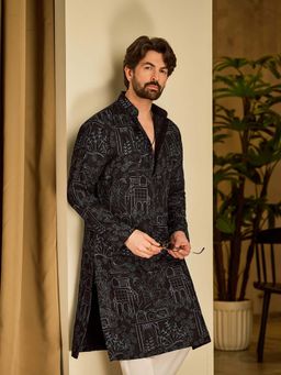 SOJANYA - (Since 1958) Men's Cotton Silk Kantha Thread Embroidered Black Kurta