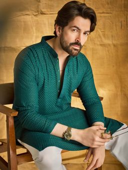 SOJANYA - Men Cotton Embroidered Thread Work Bottle Green Long Kurta