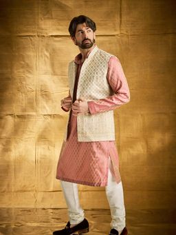 SOJANYA - Cream Silk Blend Festive Kurta With Pyjama & Nehru Jacket