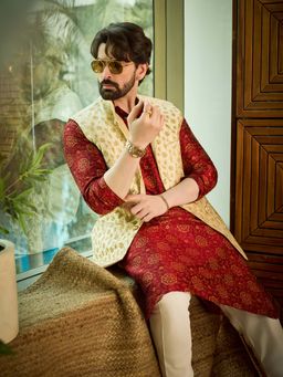 SOJANYA - Beige Silk Blend Festive Kurta With Pyjama & Nehru Jacket
