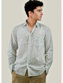 RATAN JAIPUR - White & Grey Regular Cotton Full Sleeve Shirt