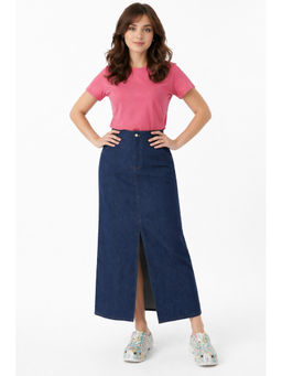Tripursundari Fashion - Women Navy Blue Denim Full Maxi Skirt Ankle Length with Front Slit