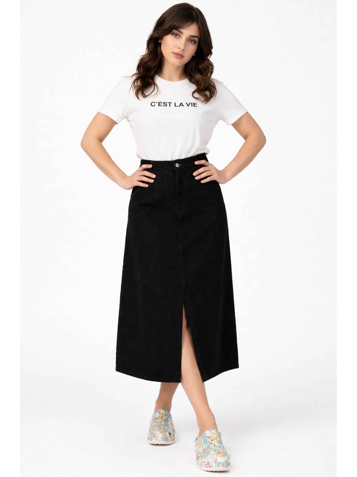 tripursundari fashion Women Black Denim Midi Skirt with Front Slit-picture-40