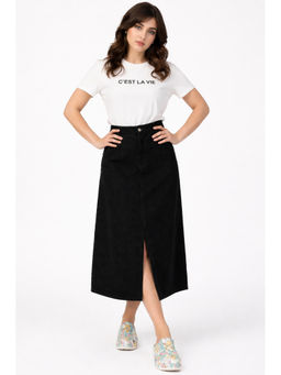 Tripursundari Fashion - Women Black Denim Midi Skirt with Front Slit