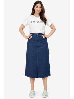 Tripursundari Fashion - Women Navy Blue Denim Midi Skirt with Front Slit 48200