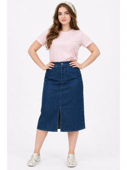 Tripursundari Fashion - Women Navy Blue Denim Knee Length Skirt with Front Slit 48400