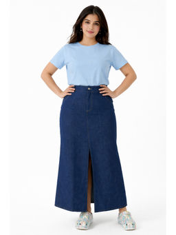 Tripursundari Fashion - Women Navy Blue Denim Full Maxi Skirt Ankle Length with Front Slit 48600
