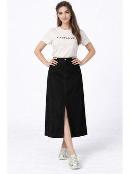 Tripursundari Fashion - Women Black Denim Midi Skirt with Front Slit