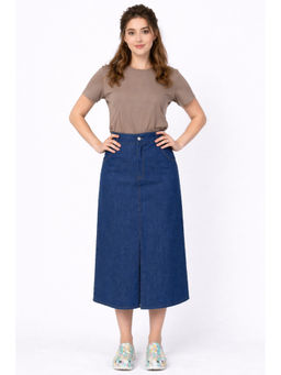 Tripursundari Fashion - Women Navy Blue Denim Midi Skirt with Front Slit 48800
