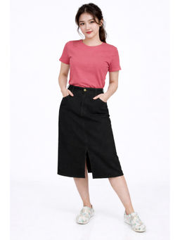 Tripursundari Fashion - Women Black Denim Midi Length Skirt with Front Slit 48900