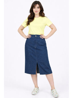 Tripursundari Fashion - Women Navy Blue Denim Knee Length Skirt with Front Slit 49000
