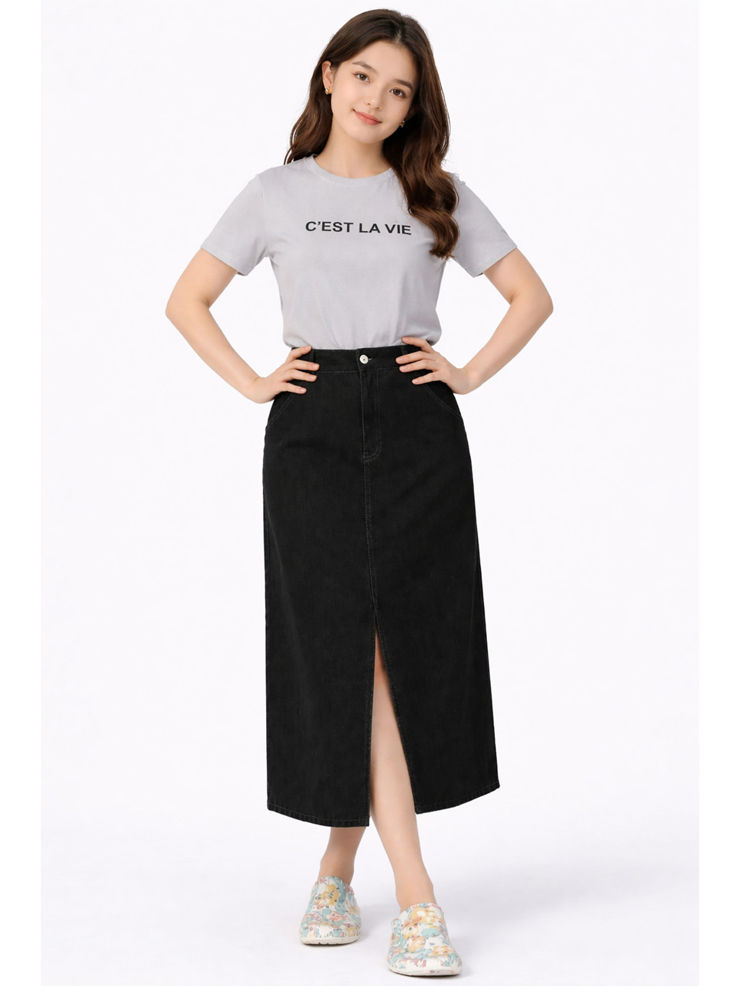 tripursundari fashion Women Black Denim Midi Skirt with Front Slit 49300-picture-15