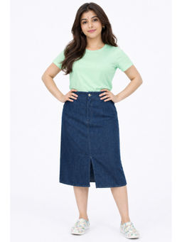 Tripursundari Fashion - Women Navy Blue Denim Knee Length Skirt with Front Slit 49600