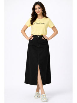 Tripursundari Fashion - Women Black Denim Midi Skirt with Front Slit 49900