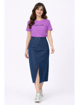 Tripursundari Fashion - Women Navy Blue Denim Midi Skirt with Front Slit