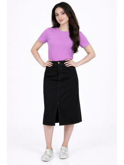 Tripursundari Fashion - Women Black Denim Midi Length Skirt with Front Slit 50100