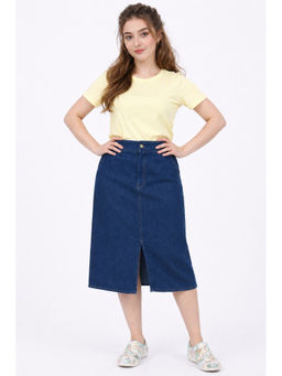 Tripursundari Fashion - Women Navy Blue Denim Knee Length Skirt with Front Slit 50200