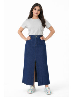 Tripursundari Fashion - Women Navy Blue Denim Full Maxi Skirt Ankle Length with Front Slit 50400