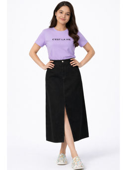 Tripursundari Fashion - Women Black Denim Midi Skirt with Front Slit