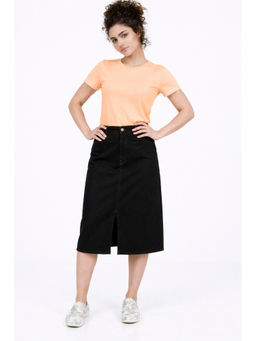 Tripursundari Fashion - Women Black Denim Midi Length Skirt with Front Slit