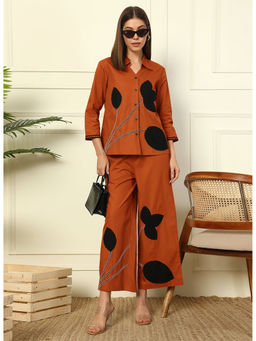 Deebaco - Tan Shirt with Pants Leaf Patch Work Women Co-Ord Set