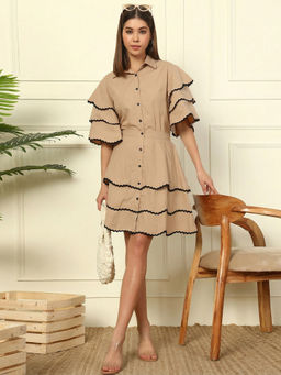 Deebaco - Beige Pure Cotton Solid Co-Ord Set for Women