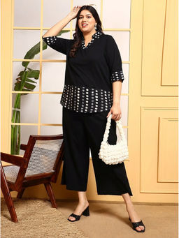 Deebaco - Cotton Black Shirt Style Women Plus Size Top with Pant