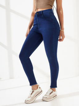 DOLCE CRUDO - Navy Blue Denim Slim Leg Mid Waist Solid/Plain Jeans