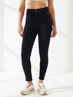 DOLCE CRUDO - Black Denim Slim Leg Mid Waist Solid/Plain Jeans