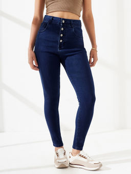 DOLCE CRUDO - Navy Blue Denim Slim Leg Mid Waist Solid/Plain Jeans
