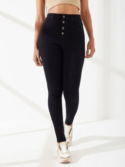 DOLCE CRUDO - Black Denim Slim Leg Mid Waist Solid/Plain Jeans