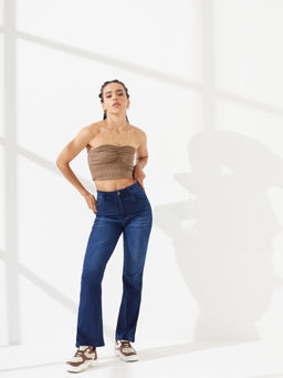 DOLCE CRUDO - Blue Denim Straight Leg Mid Waist Solid/Plain Jeans