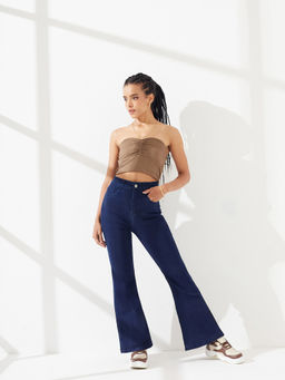 DOLCE CRUDO - Navy Blue Denim Boot Cut Leg Mid Waist Solid/Plain Jeans