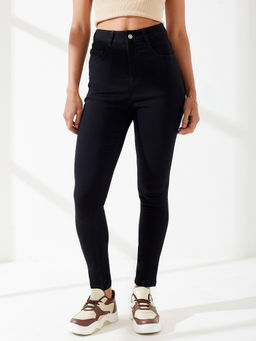 DOLCE CRUDO - Black Denim Slim Leg Mid Waist Solid/Plain Jeans