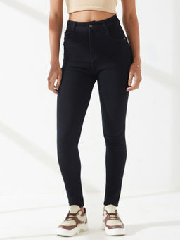 DOLCE CRUDO - Black Denim Slim Leg Mid Waist Solid/Plain Jeans