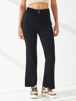 DOLCE CRUDO - Black Denim Boot Cut Leg Mid Waist Solid/Plain Jeans