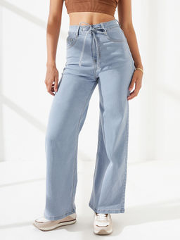 DOLCE CRUDO - Blue Denim Wide Leg Mid Waist Solid/Plain Jeans