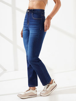 DOLCE CRUDO - Blue Denim Straight Leg Mid Waist Solid/Plain Jeans