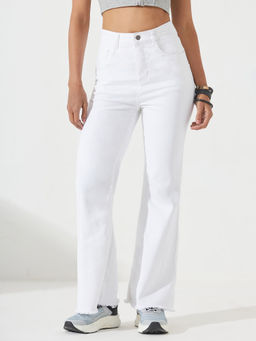 DOLCE CRUDO - White Denim Straight Leg Mid Waist Solid/Plain Jeans